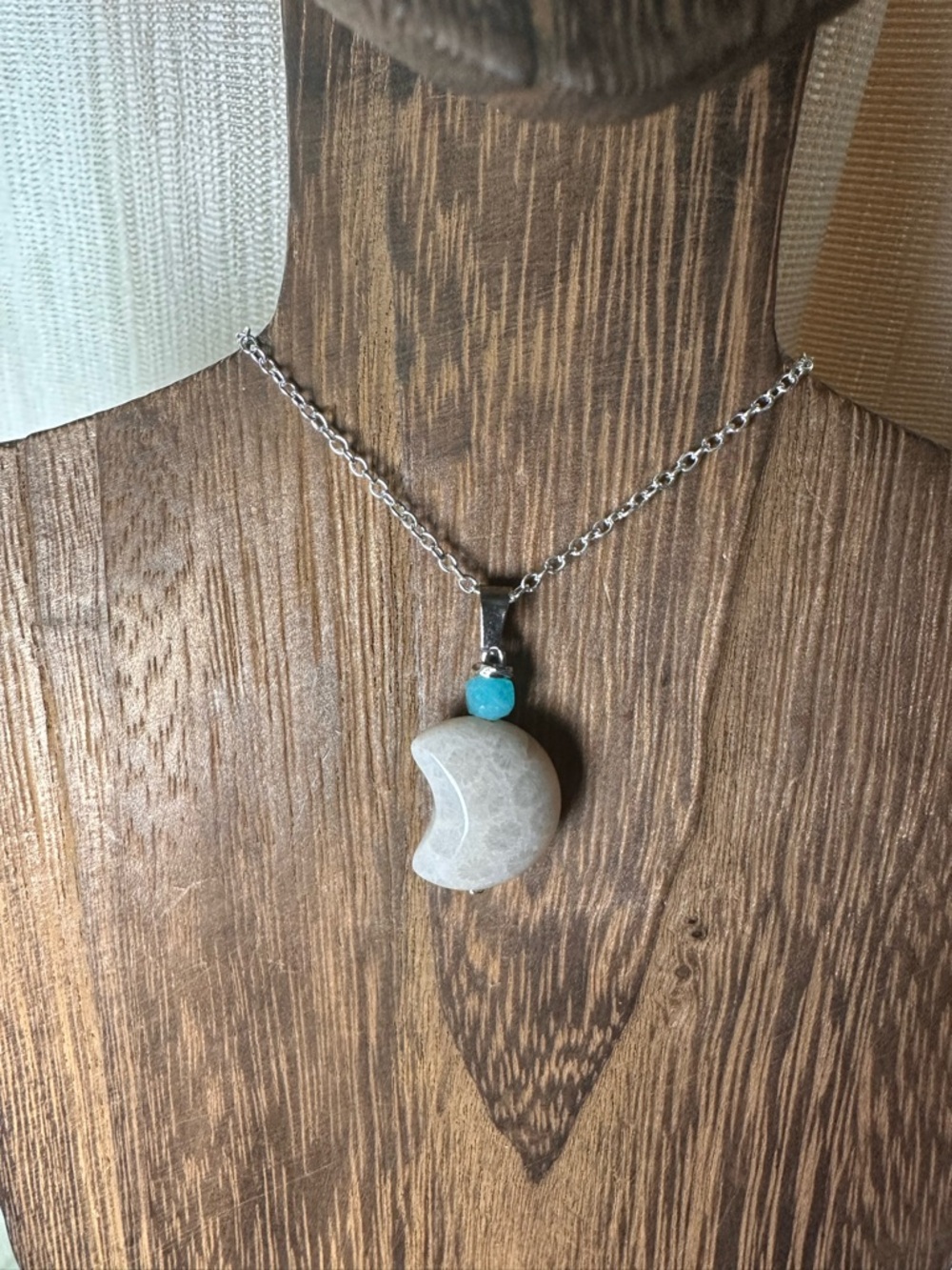 Small Coral Fossil Crescent Moon Charm Pendant Necklace, Amazonite and Silver - Picture 2 of 13